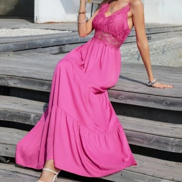 Lace Front Shirred Back Cami Dress PINK